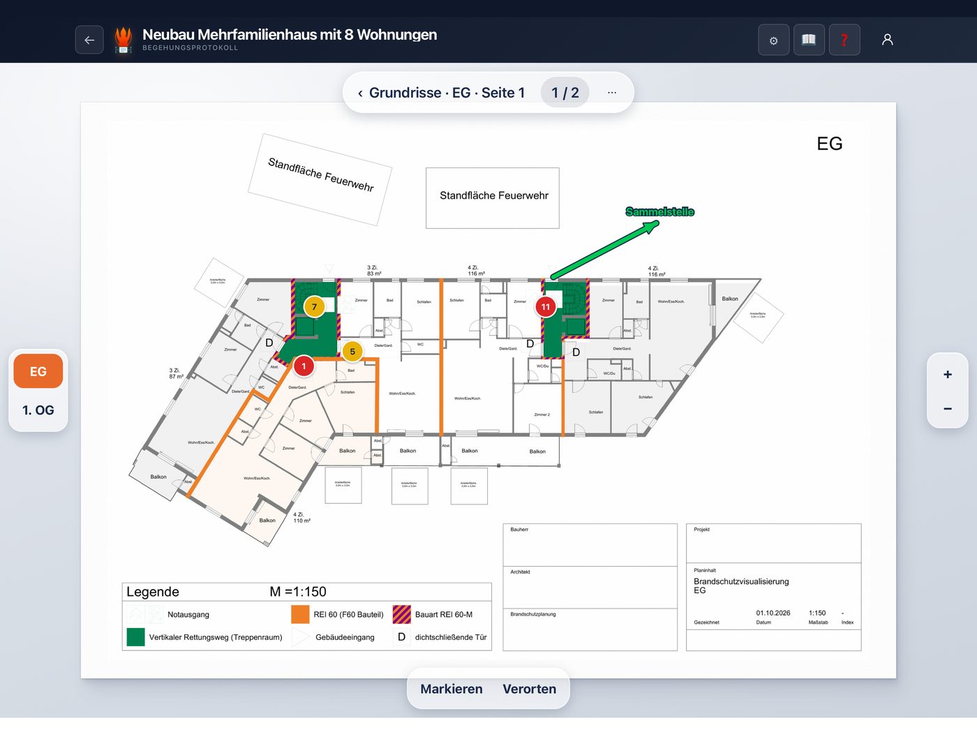 Planfenster in BrandschutzDoku mit Mängeln, die an ihrer Stelle im Grundriss markiert sind