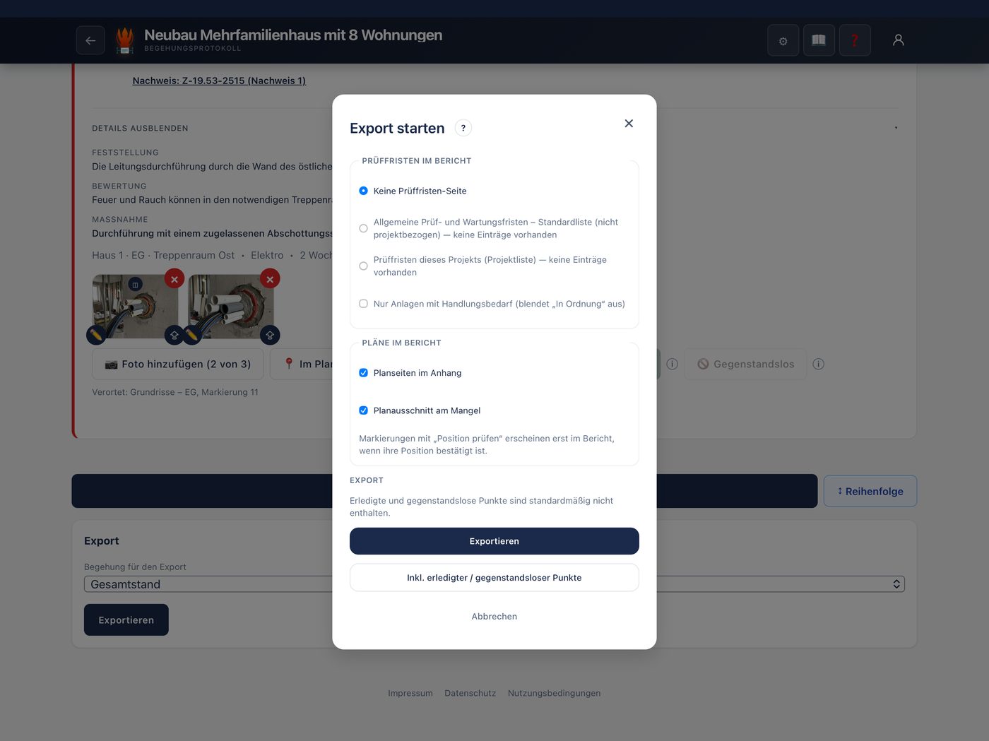 Dialog „Export starten“ in BrandschutzDoku, in dem Prüffristen und Pläne für den PDF-Bericht ausgewählt werden